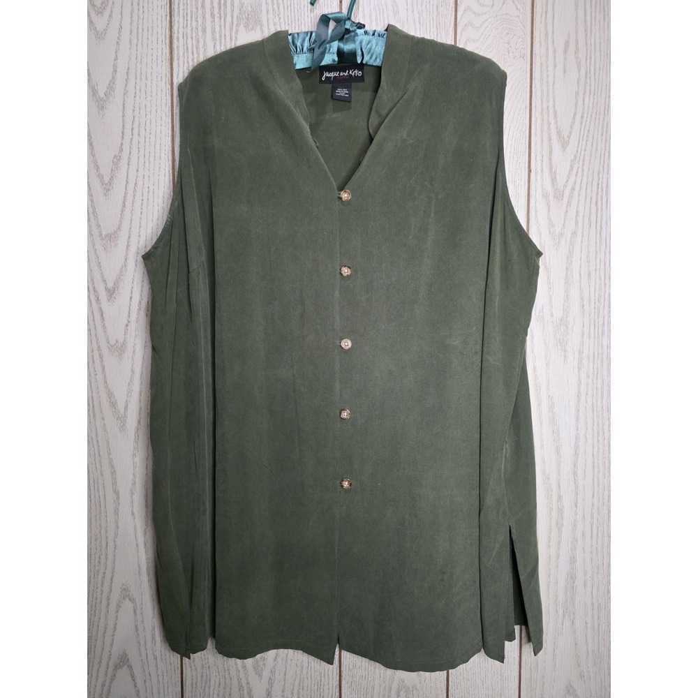 Jacque And Koko Together 100% Silk Sleeveless Button-Up Blouse Olive Green 18/20